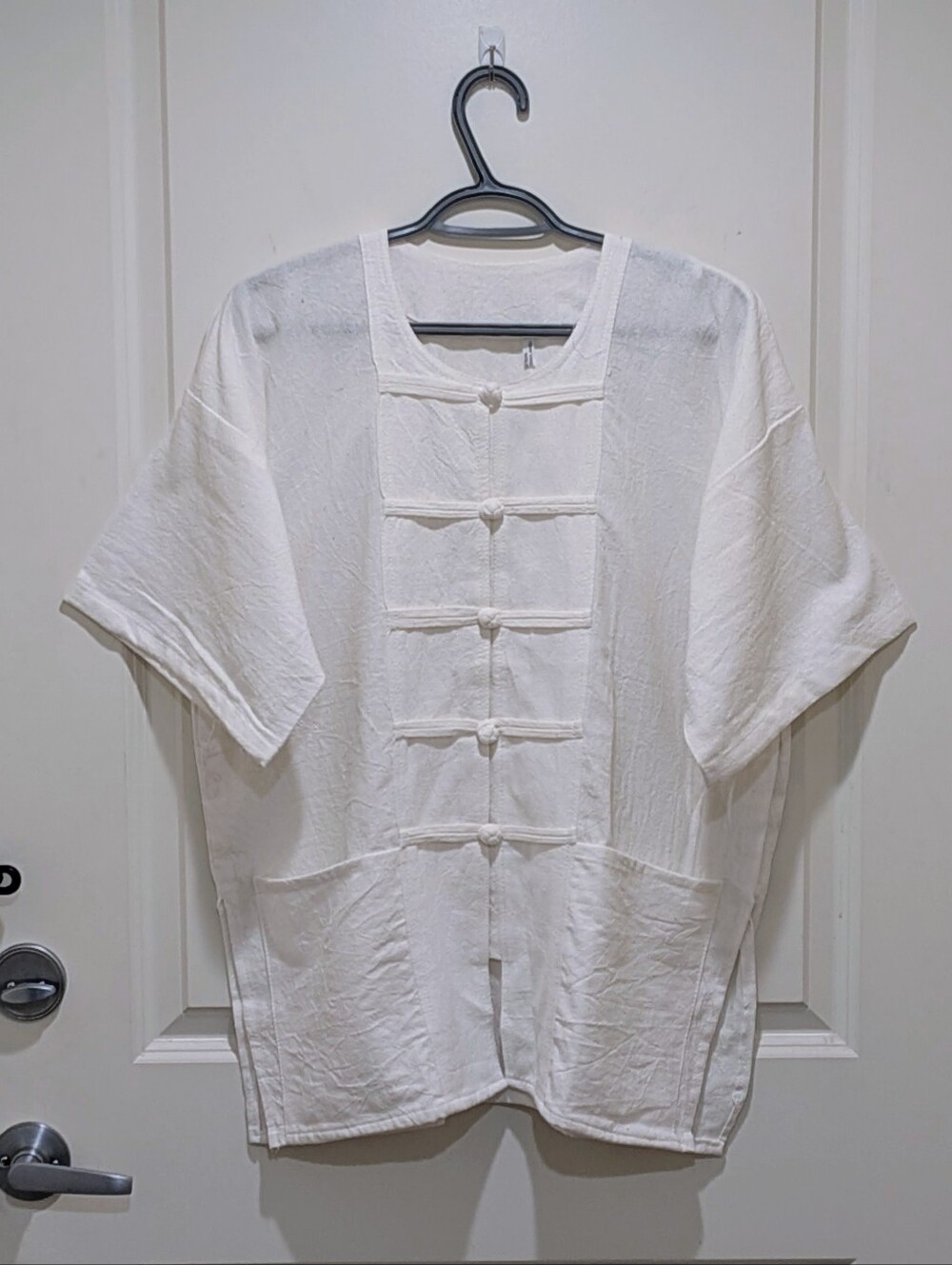 NWOT 100% Thai Cotton White Woven Frog Closure Front Short Sleeve Tunic